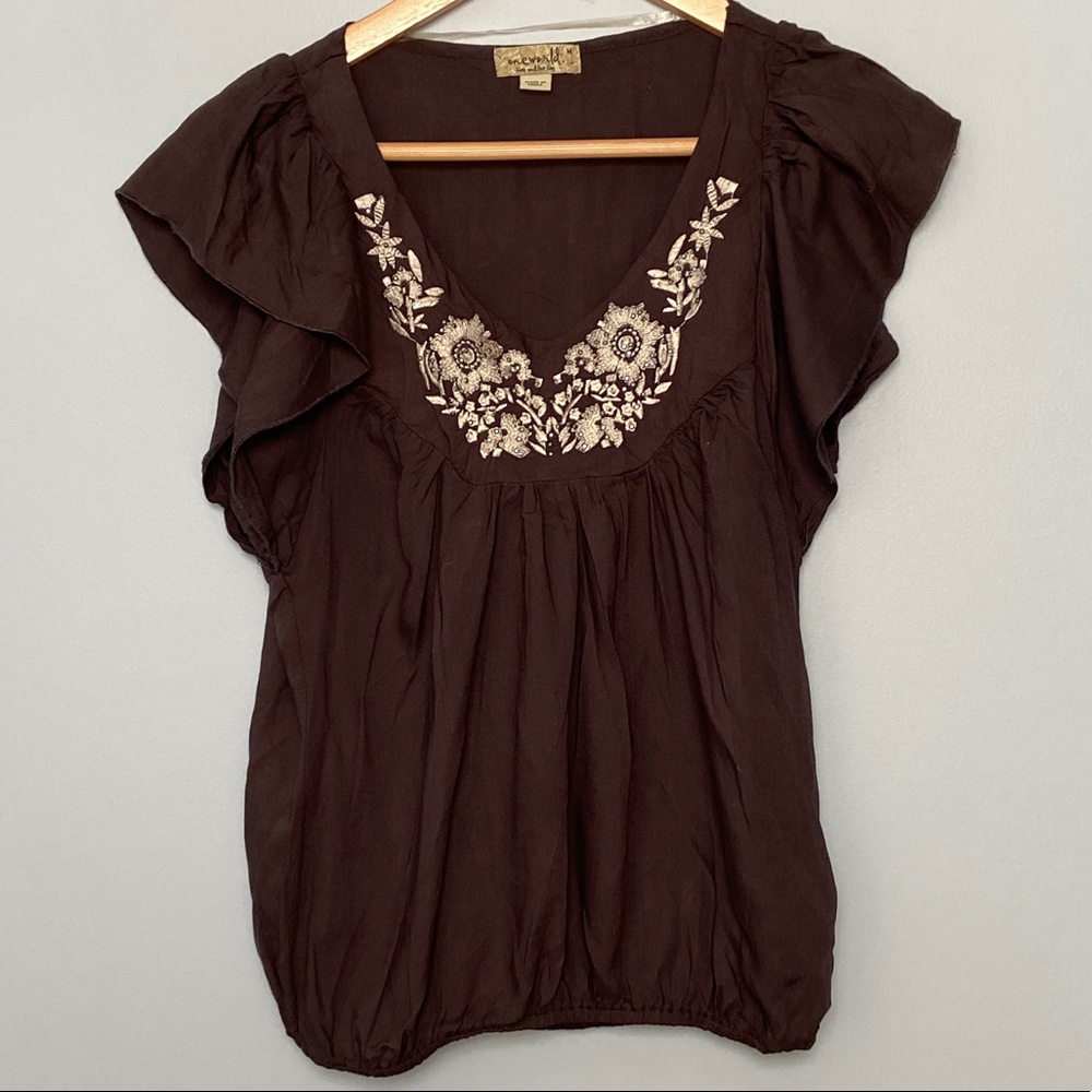 ONE WORLD brown embroider silver flower brown